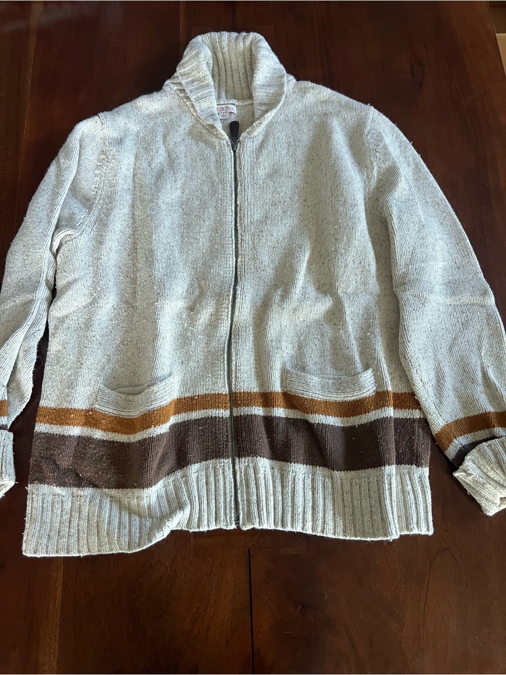 Men’s Vintage Zip Up Sweater | Large | Cotton/Wool Blend | Cream and Brown